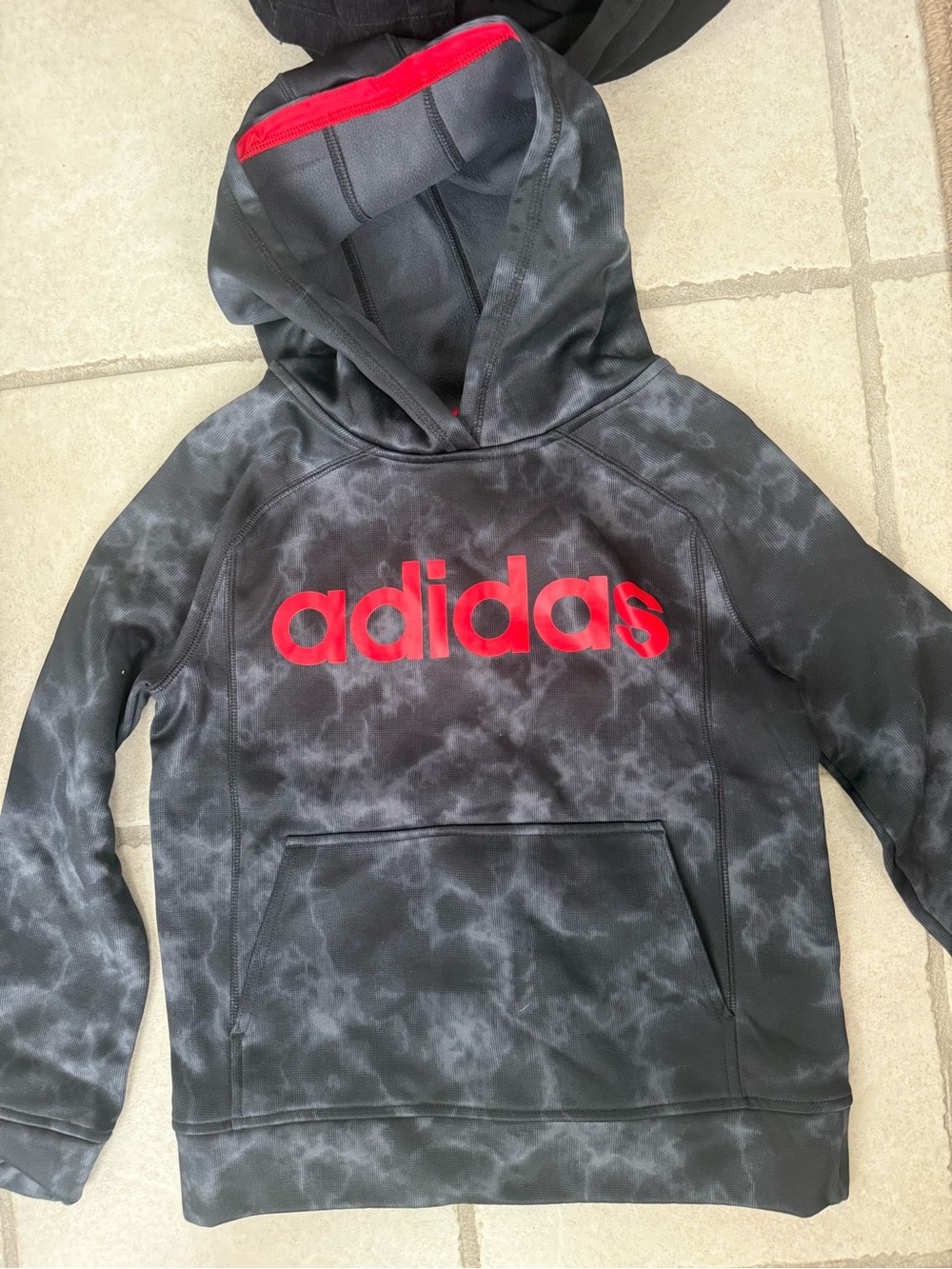 adidas Kids Black and Gray Tie-Dye Hoodie with Red Logo